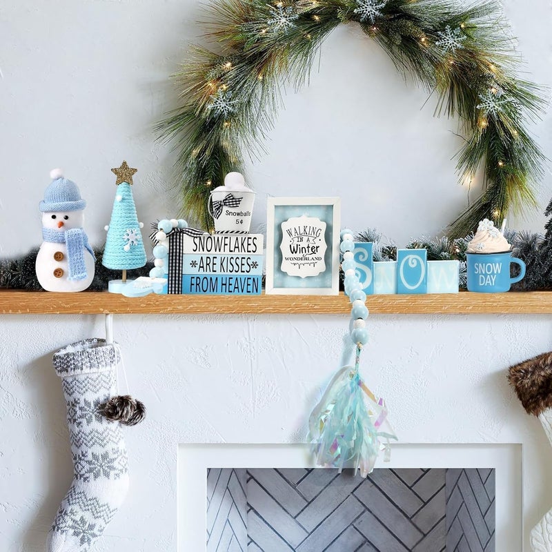 SYNCVIBE Winter Decoration for Home 8 PCS Tiered Tray Decor Set, Cute Christmas Blue Winter Wonderland Decor for Home Tray Shelf Fireplace Mantel Office Desk Indoor Snowman New Year Holiday Decorations Set - Image 5